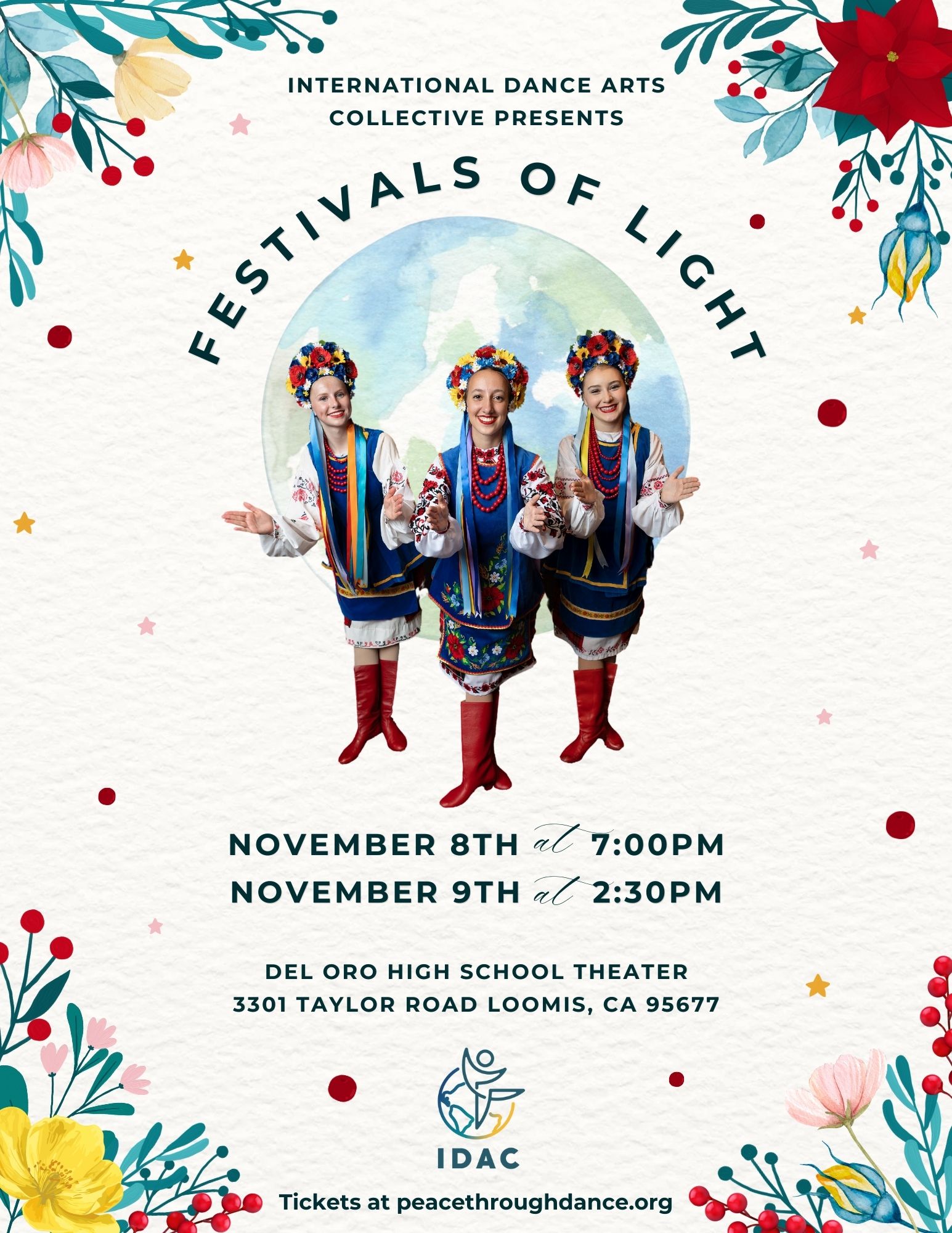 Image of young dancers in Ukrainian costume with event info: dates (November 8, 2024 at 7pm and November 9, 2024 at 2:30pm), location, and ticket information